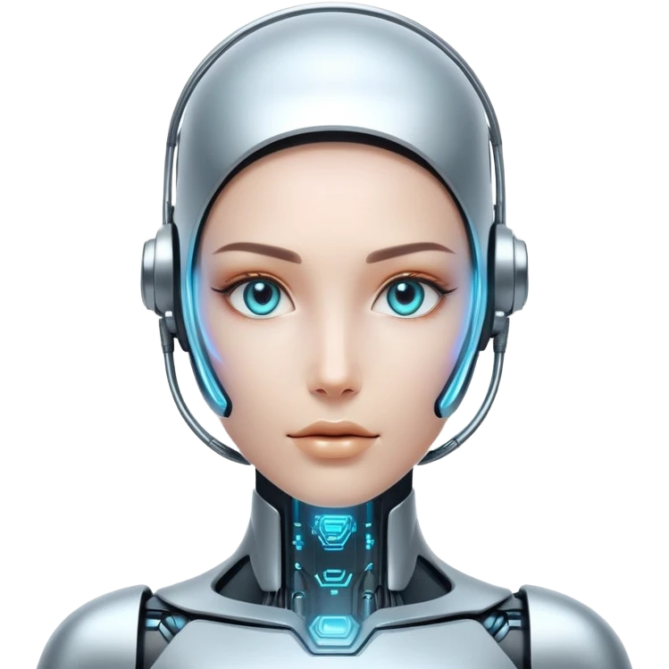 Futuristic human with metallic cybernetic enhancements, digital interface on face, holographic display emoji