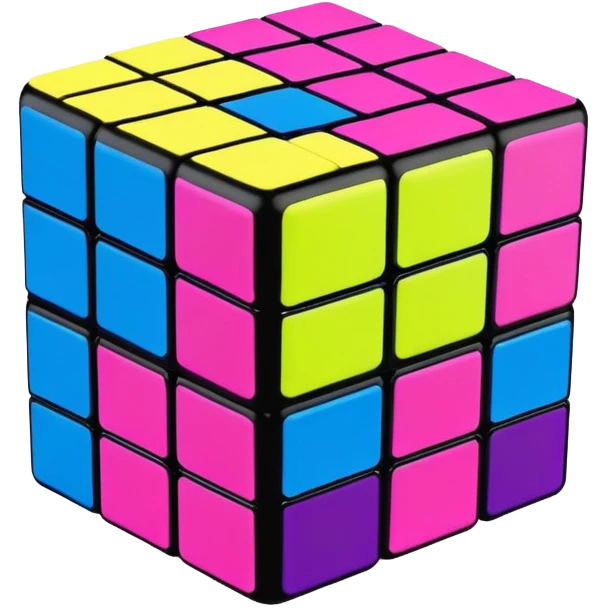 A 3x3 Rubik's Cube with bright 90s American colors, neon pink, electric blue, neon green, vibrant yellow, and purple, minimalist design emoji