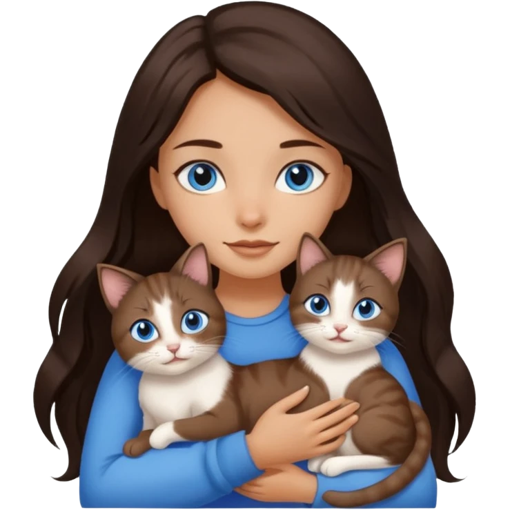 a pretty girl with long dark 
brown hair, with blue eyes, hugs 3 different natural coloured small cats emoji