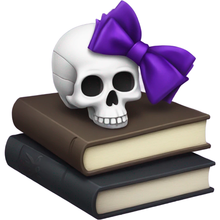 Skull with purple bow, using books and a raven emoji