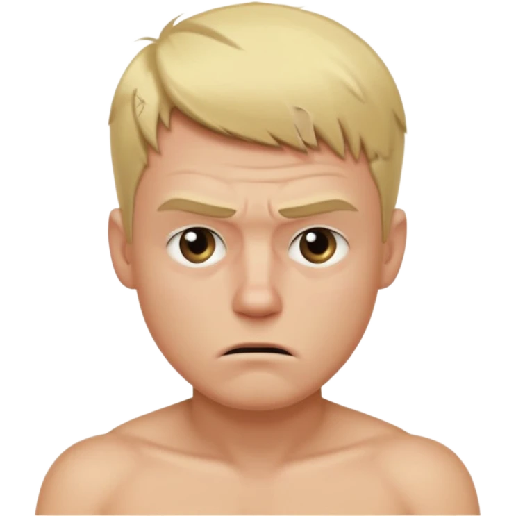 a blond guy with a short haircut, a tired and angry face, no shirt, with dark circles under his eyes emoji