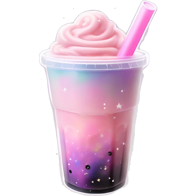 Galaxy Bubble Tea "A pastel pink bubble tea with a swirling galaxy effect inside the cup, sparkling stars and pearls, and a glowing straw shooting stardust trails." emoji
