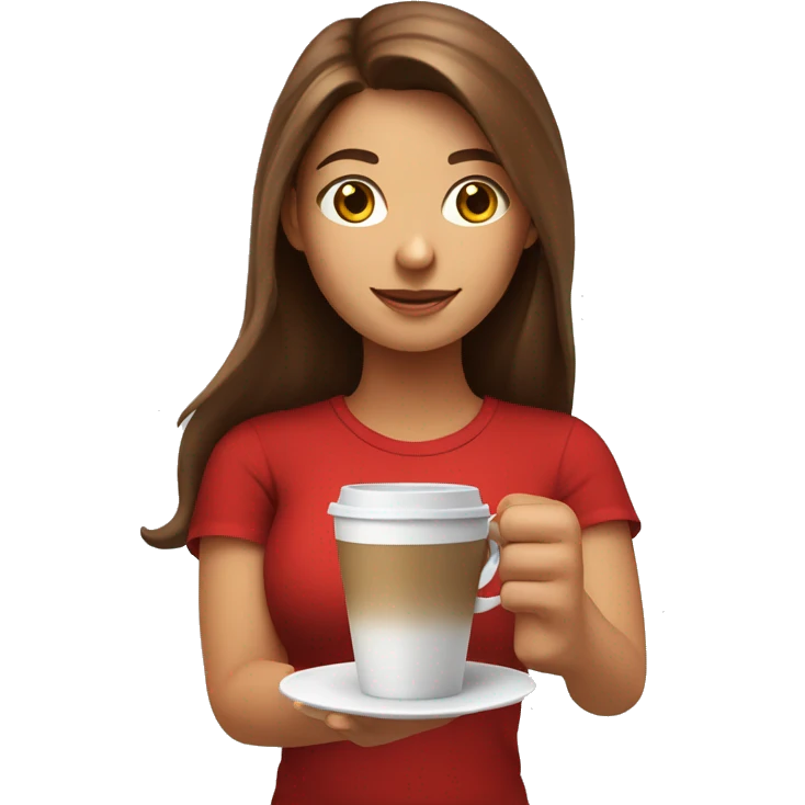 barista girl in a red t-shirt with long brown hair, with a cup of coffee in a hand emoji