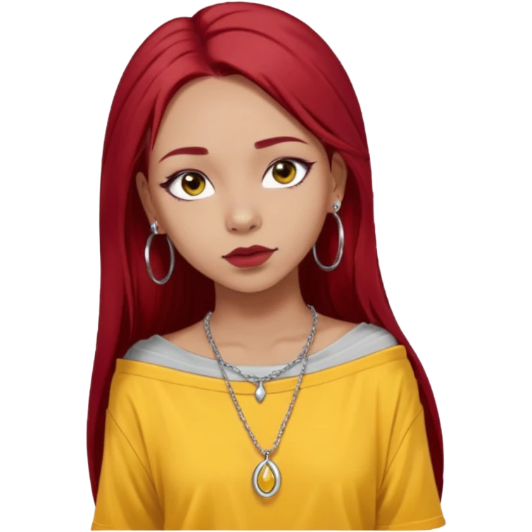 generate a pretty bratz girl with dark brown eyes. Dark long red hair straight long. wearing a yellow oversized tee falling off her shoulder, dainty silver necklace, silver hoops, septum piercings. big eyeliner emoji