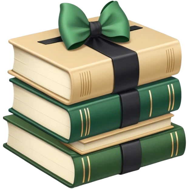 Stack of beige and forest green books with black bow emoji