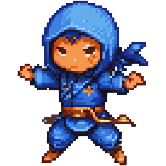 pixel art chibi ninja, blue outfit, jumping, throwing a shuriken emoji