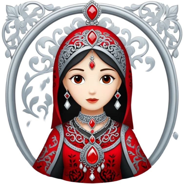 Traditional clothing: Silhouette of a cherkeska (long coat) with iconic gazyrs (decorative cartridge holders on the chest).

Patterns: Incorporate abstract motifs inspired by Adyghe silver embroidery (geometric shapes, swirls).

Symbols:

A silver pendant (e.g., crescent moon or star-shaped).

Stylized shashka (Caucasian dagger) or lyre (representing music).

Colors: Red (symbolizing honor), silver (traditional jewelry), black (elegance).

Style: Flat minimalism, bold outlines, no text.
The emoji should convey pride, hospitality, and connection to heritage. Avoid stereotypes, focus on aesthetic authenticity and respect for traditions."

💡 Example interpretation: A figure in a cherkeska with gazyrs, framed by ornate patterns and a silver pendant, using a red-black-silver palette. emoji