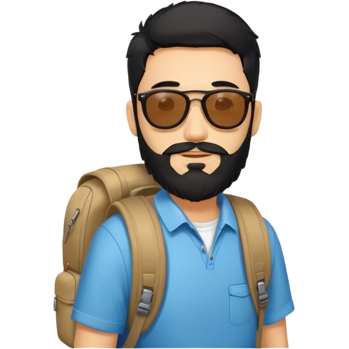Man with sunglasses on his black hair wearing a backbag and a beard emoji