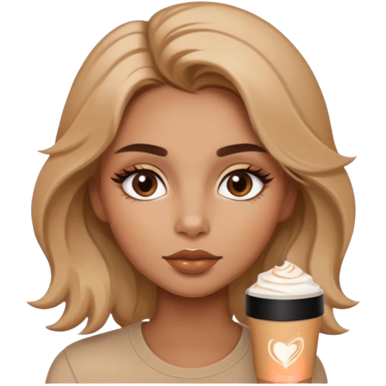 “A cozy, warm-toned emoji girl with soft bronzy eyeshadow, fluffy brows, caramel shimmer, glossy nude lips, light contour, and tousled hair — latte-inspired look.” like belle hadid emoji