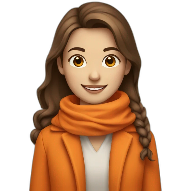girl with brown hair, orange scarf and orange coat, smiling emoji