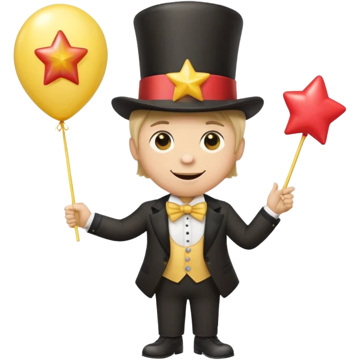 A yellow star with a small smile holding a balloon in his left hand and a lollipop in his right hand wearing a top hat  emoji