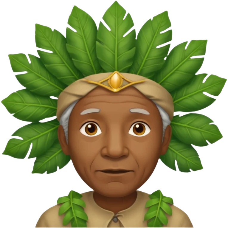 a old black man with jungle wearing a large leaf headgear bye  emoji