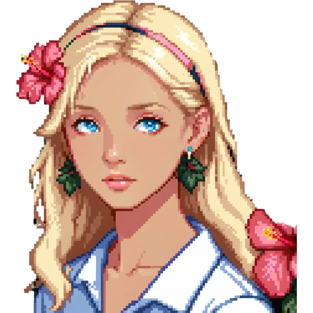 preppy coastal teen girl with blue eyes, beach blonde hair, tan skin, hibiscus flower in her ear, preppy beach outfit emoji