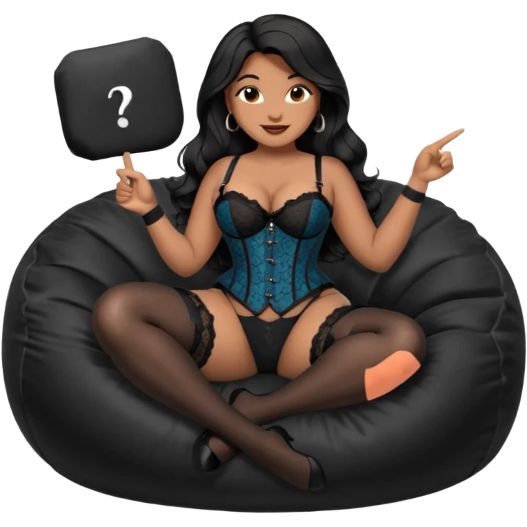 Curvy woman with brown skin with long wavy black hair, dark brown eyes. She's wearing a black lace corset, black lace thong, black stockings and suspender belt, she's sat on a big dark grey bean bag chair with her legs open and feet on the floor. Shes smiling with one hand pointing forward emoji
