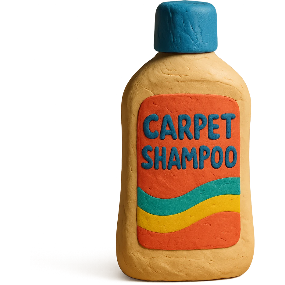 carpet shampoo bottle with blue cap and colorful label, soft lighting, claymation style emoji