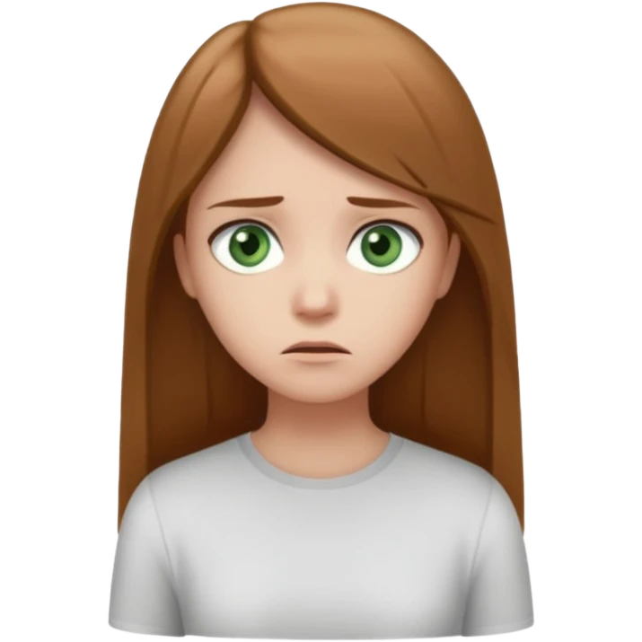 Cartoon emoji of a girl with long, straight light brown hair, fair skin, soft green eyes. Wearing a white top, standing slightly apart from a group, looking unsure and miserable. Nervous, fearful, lacking confidence. Smooth, simple, stylized." emoji