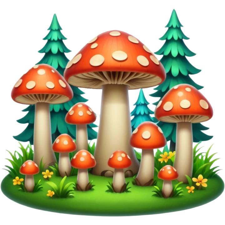 A stylized fantasy forest with glowing mushrooms and colorful tree emoji