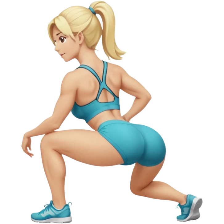 fullbody busty blonde fitness trainer, back view, bending over, squatting on her soles, SFW, athletic build, cheerful expression emoji