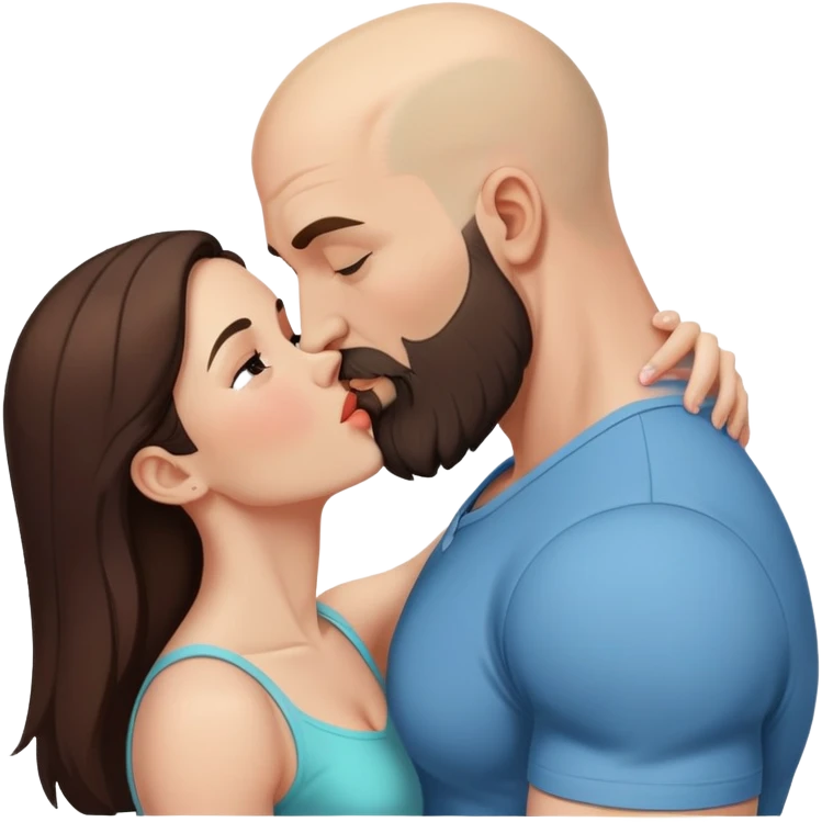 Muscular Bald man with a beard passionately kissing his young brunette wife  emoji