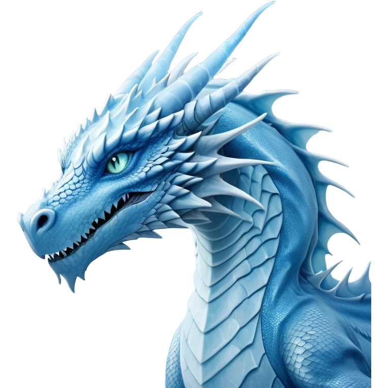 Cinematic Noble wise elegant Ice Dragon Portrait Emoji, Poised and imposing, distinct long elegant snout, with a slender, scaled body shimmering in glacial hues of icy blue, frostbitten silver, and crystalline white, breathing out frost, with piercing, glowing ice blue white eyes that radiate the chilling depths of an arctic storm; rendered in detail. excuding wisdom emoji