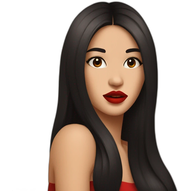 straight long dark hair and brown eyes with red lipstick emoji