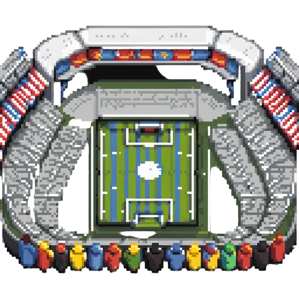 Pixel art stadium filled with cheering crowd, sports boom emoji