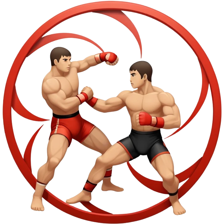 An icon symbolizing wrestling martial arts, featuring two stylized figures locked in a dynamic grappling pose. The background shows abstract elements representing strength and technique, with a circular design to represent unity and focus. Transparent background emoji