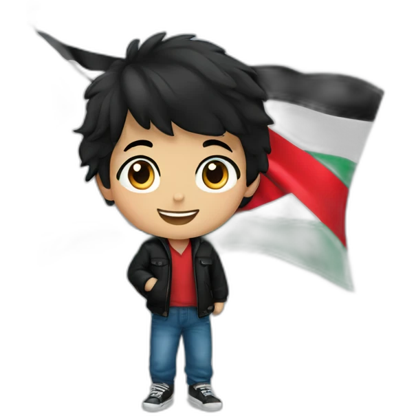 a young boy waving the palestine flag up high he is wearing a black jacket with blue jeans and black hair emoji