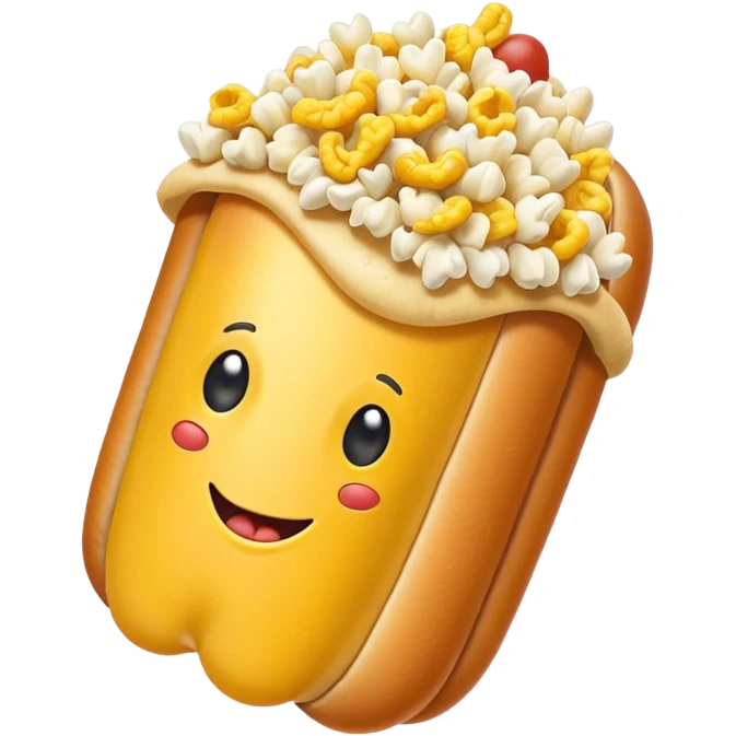 Merge an image of a popcorn kernwl with the graphical representaiton of the hotdog emoji. It can be bad and cringe emoji
