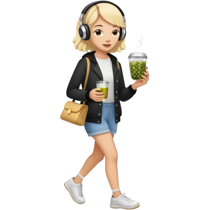 a young woman full length walks with headphones on with a caviar sandwich in one hand and herbal tea in the other hand emoji