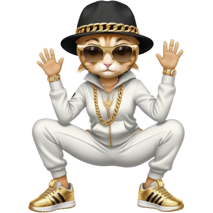 female cat wearing Run DMC hip-hop outfit with tracksuit, fedora, Adidas sneakers, dark sunglasses, many gold chains and bling accessories, break dancing emoji