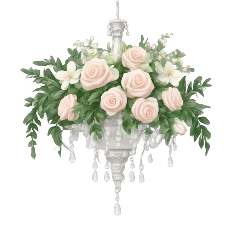 ornate chandelier draped in greenery and white, blush, and neutral flowers emoji