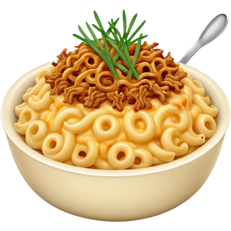 Bowl of elbow Mac and cheese topped with green chives, crispy onions, and pulled pork emoji