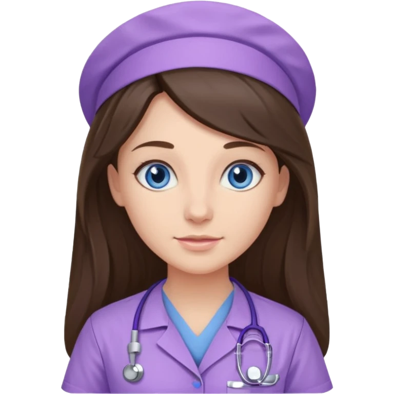 pretty brunette nurse with long hair and blue eyes in lilac scrubs emoji
