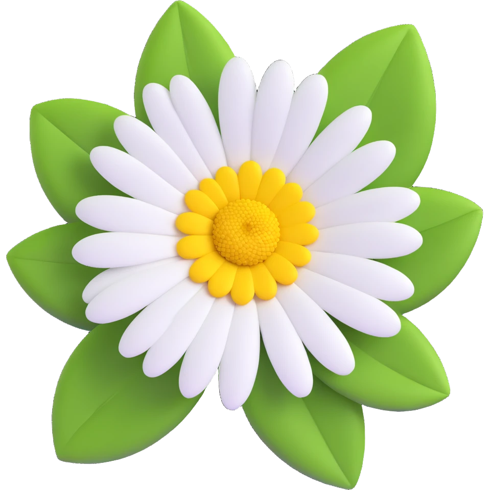 a daisy flower with white petals, yellow center, green leaves emoji