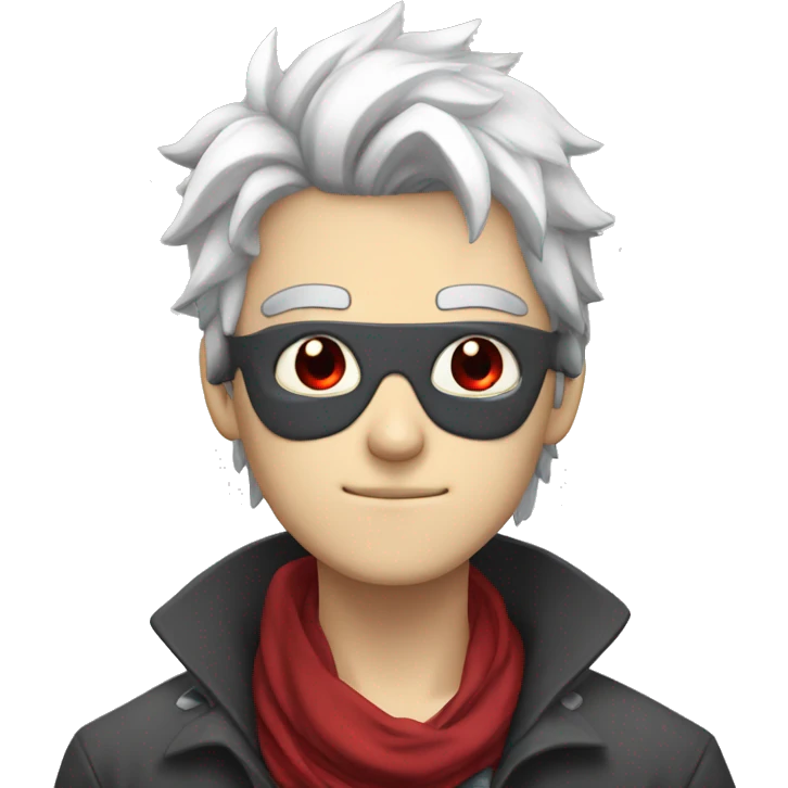 Anime guy, with white messy hair,  eye patch on right eye , red eyes, crimson scarf around neck, and gray skin  emoji