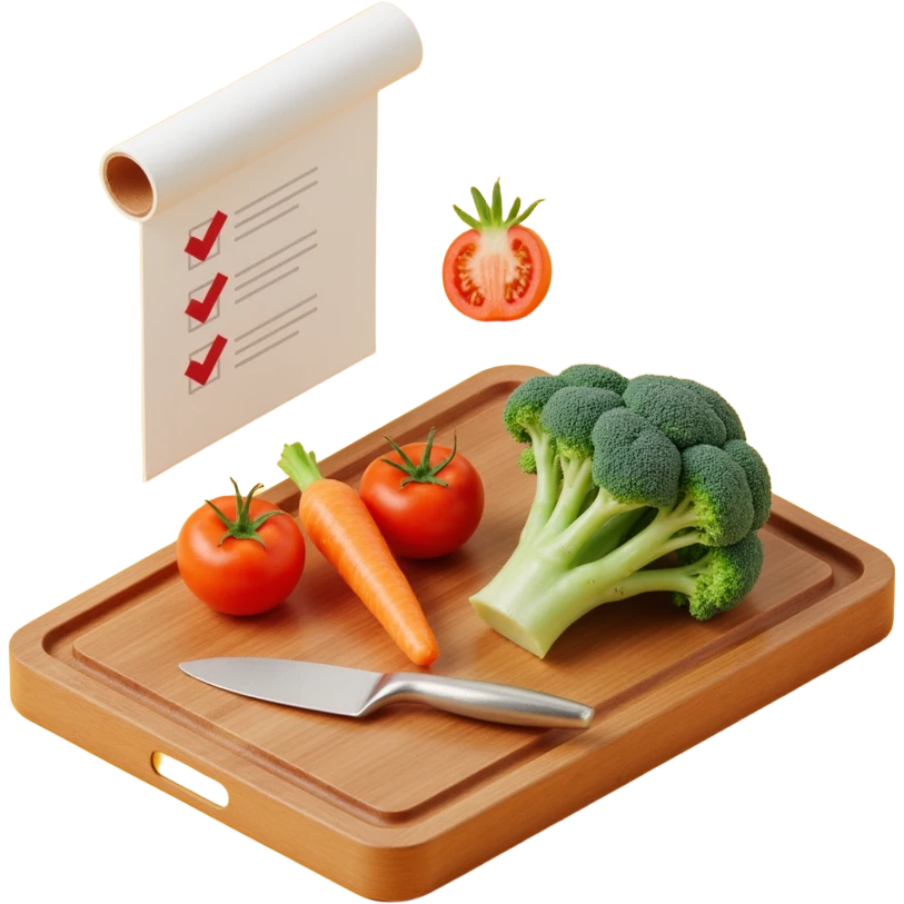 carrot tomato brocoli on the wooden cutting board with floating rolled paper list with checkbox emoji