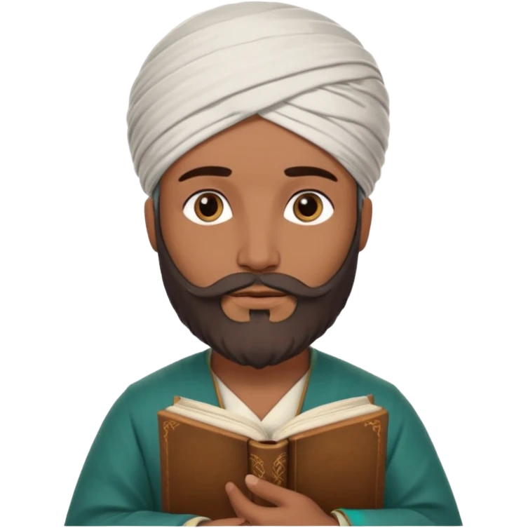 İbni Rüşd symbolized inside a circle frame, wearing Andalusian style clothes, bearded, turban on head, holding a book, wise and thoughtful expression emoji