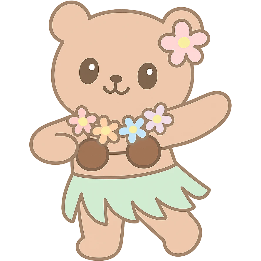 brown teddy bear with a coconut bra and plumeria lei, performing the hula emoji