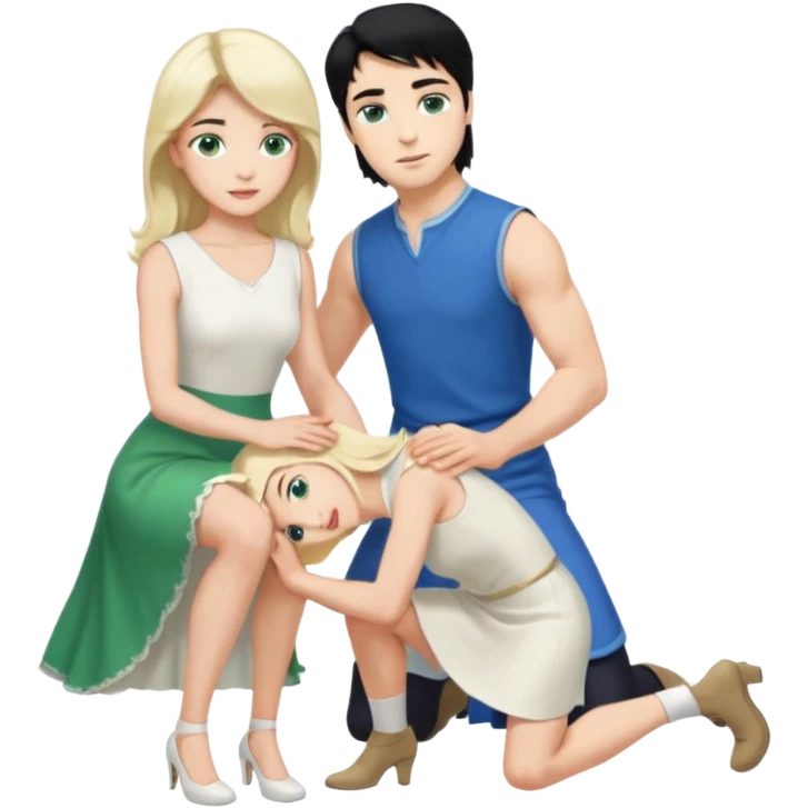 prince, upright, black Hair, blue eyes, garment,  Woman, bending knee, sleveless white dress, blonde hair, green eyes, emoji