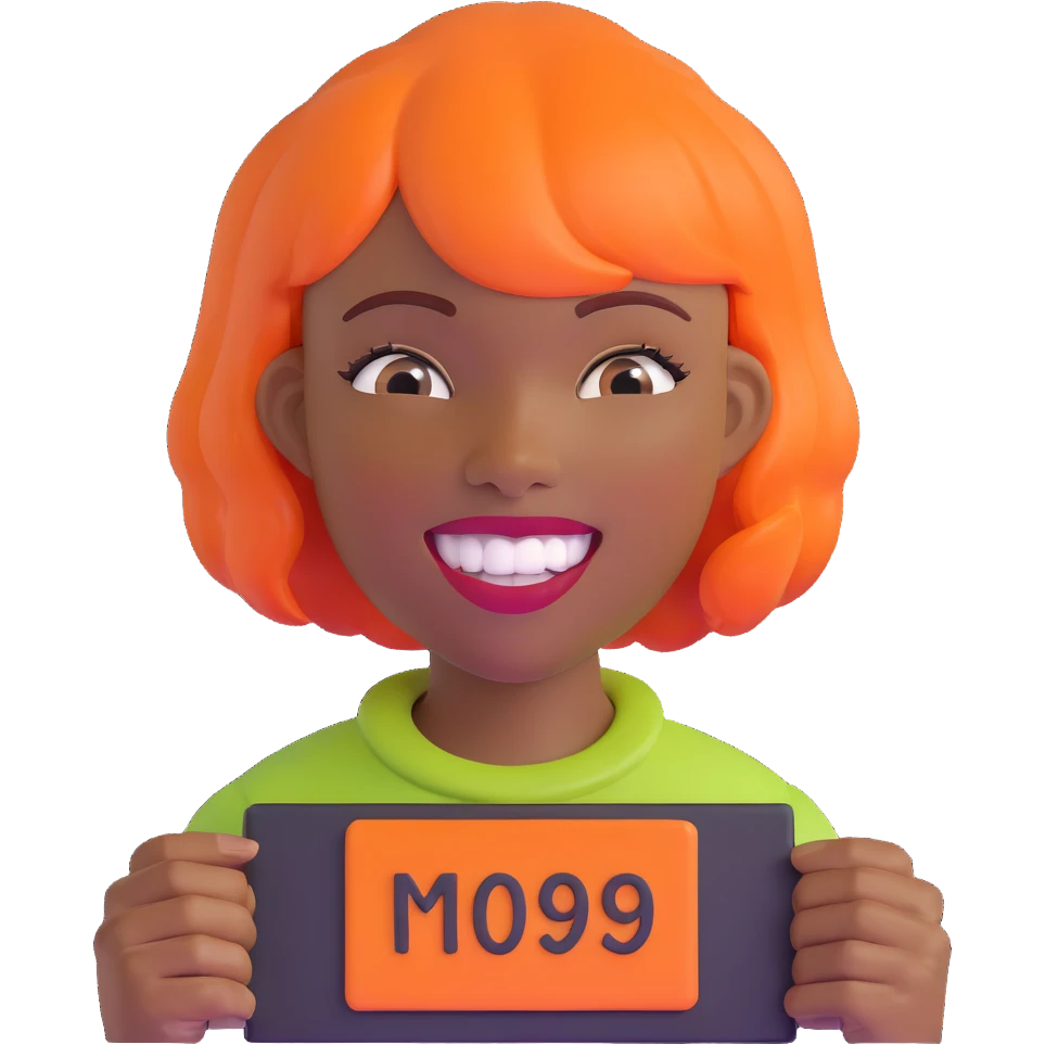 dark skinned Black woman with orange bob wig like Chucky's hair, visible plaque on her teeth emoji