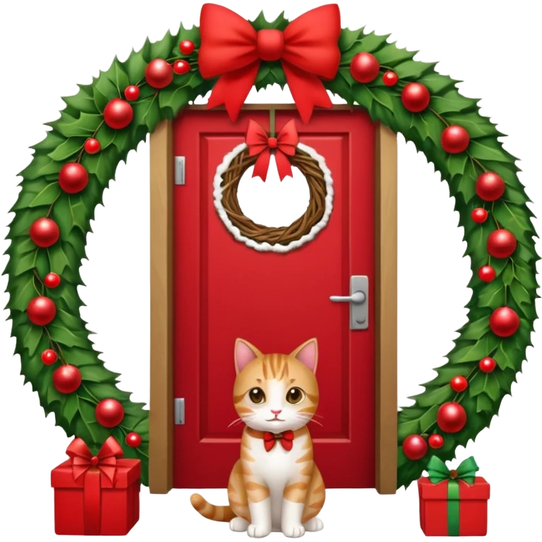 A door with a cat in front of it with h christmas elements emoji
