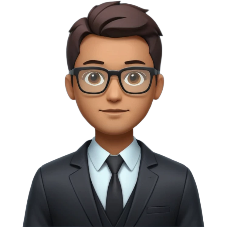 A stylized 3D avatar of a visionary tech CEO, male, wearing glasses and a sleek dark blazer. He has a confident, friendly expression. The lighting is a dramatic gradient of purple and electric blue neon. Rim lighting on the edges of the character. Dark background, cyberpunk minimalist aesthetic. emoji
