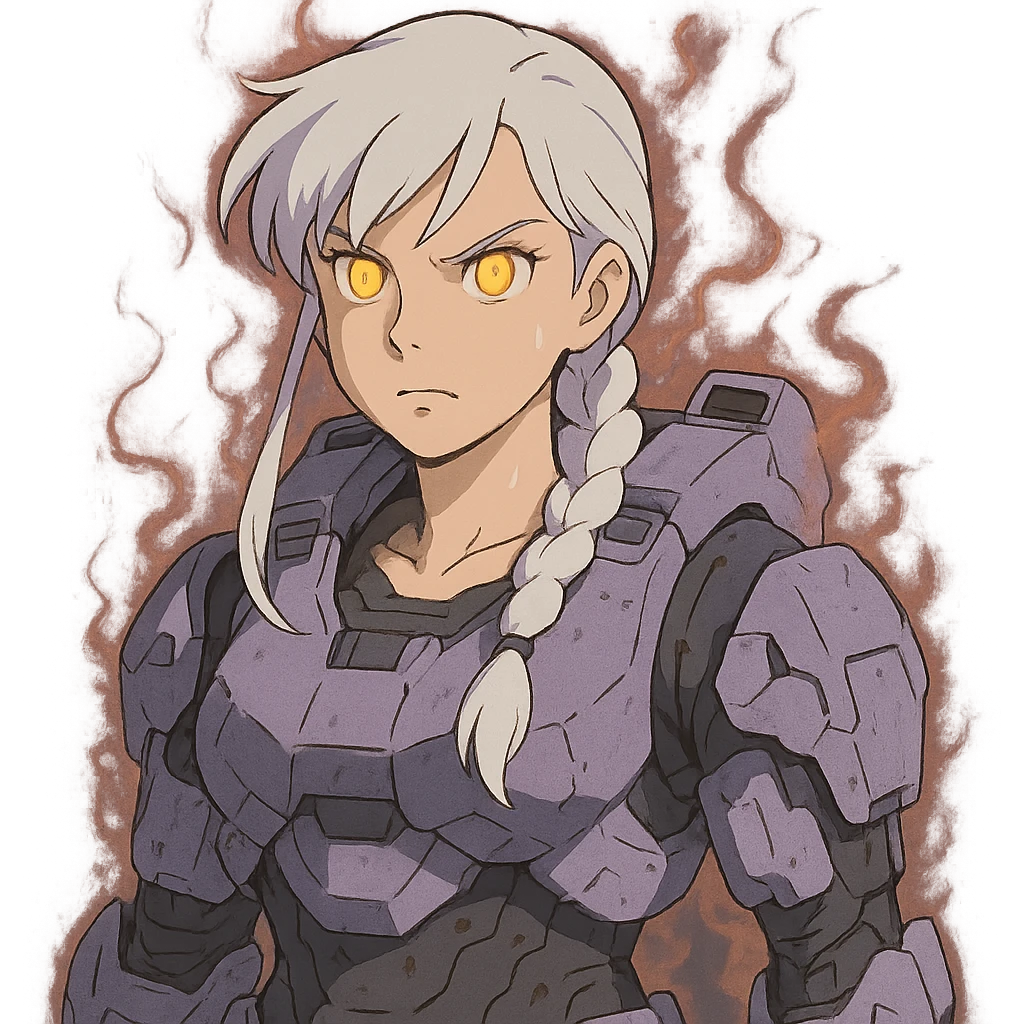 female, wearing reach spartan armor shoulder-unequip, long white braid hair with massive messy front side single bangs, gold yellow eyes, attention pose, D-cup size, HALO:series, no helmet, the armor is lavender color scheme, eyes glowing, demon eye, gleam, rage aura, body steaming emoji