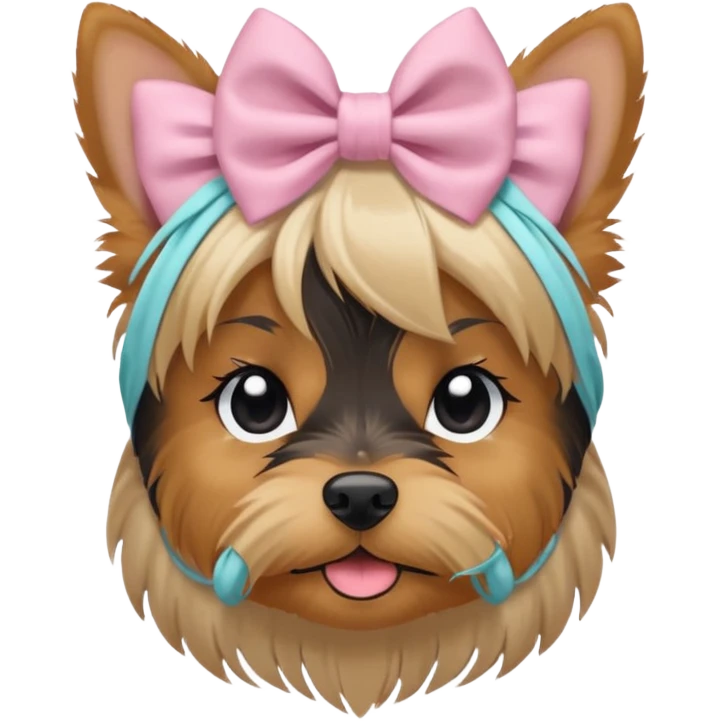a Yorkshire Terrier face with a ponytail on head tied with a bow. Cute expression, flat design, pastel colors emoji