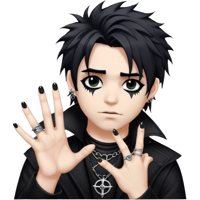 A gothic musician with jet-black messy hair, dark eyeliner, and silver rings on his fingers emoji