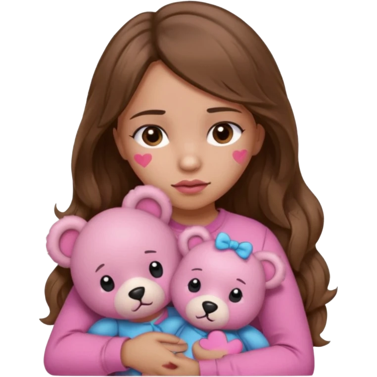 girl with long wavy brown hair, brown eyes, light to medium complexion, in a pink shirt, pink lips, long lashes, sad, hugging squeezing a teddy bear with bandaid hearts emoji