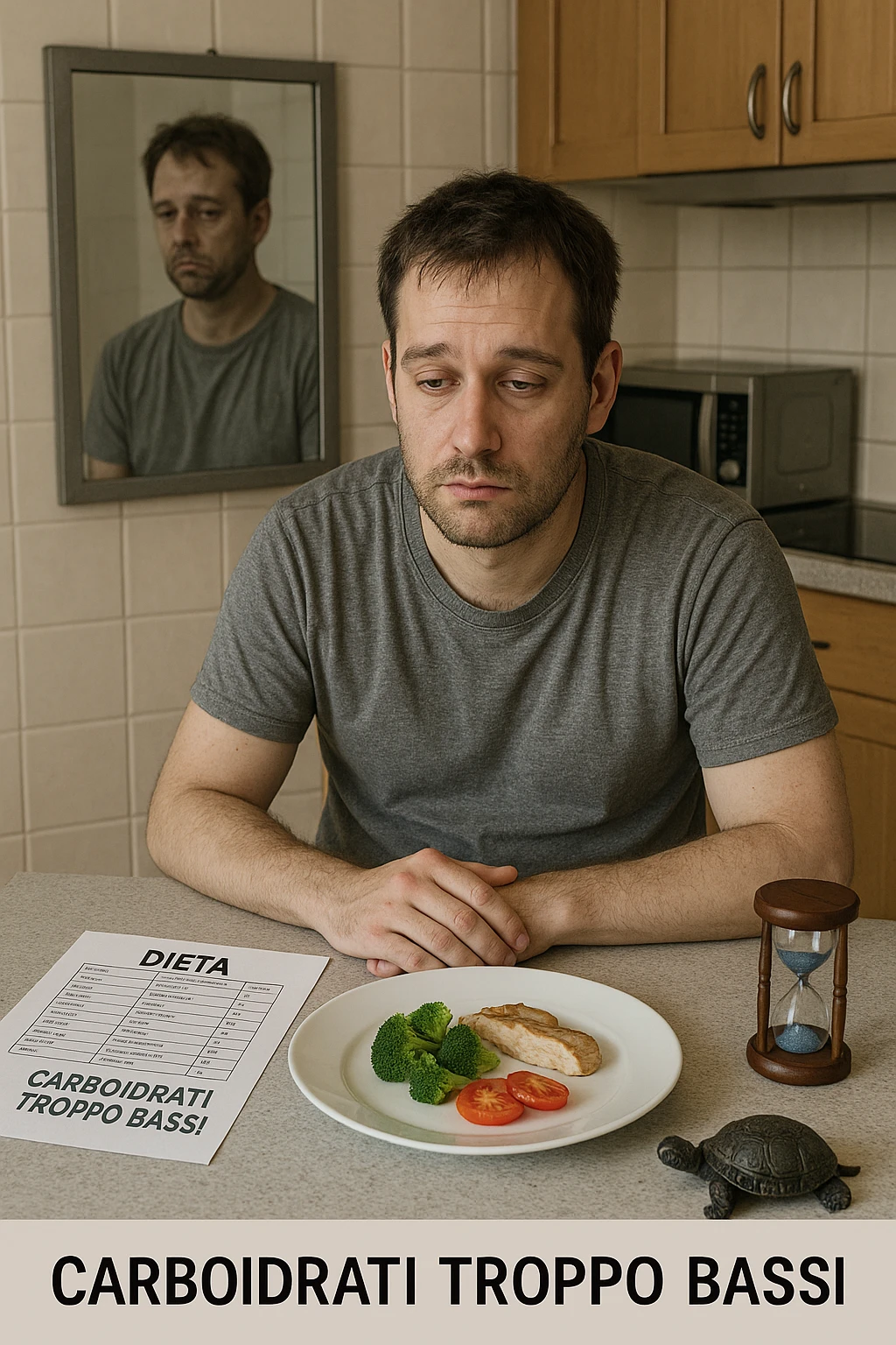 Uomo sui 35 anni in cucina, con espressione affaticata e spenta, guarda un piatto con pochissimi carboidrati (solo qualche verdura e proteine). Accanto a lui, fogli con una dieta rigida e una scritta visibile: 'Carboidrati troppo bassi'. Il suo corpo appare bloccato, senza definizione, con uno specchio alle spalle che riflette una figura stanca e senza progressi. Sul tavolo ci sono simboli che richiamano il metabolismo rallentato: una tartaruga, una clessidra ferma. emoji