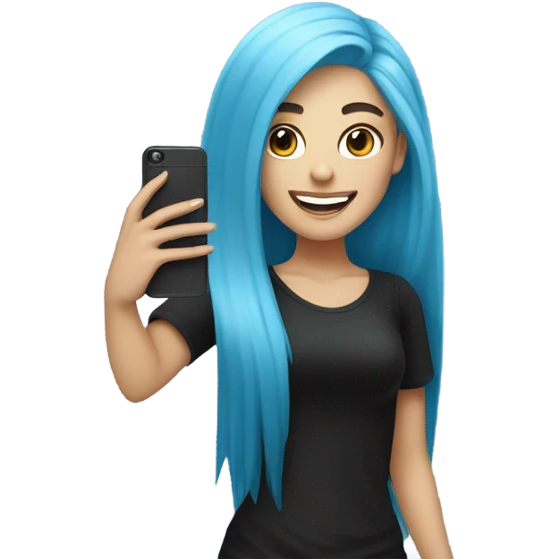 white skin girl with long blue hair in black clothes taking a selfie emoji