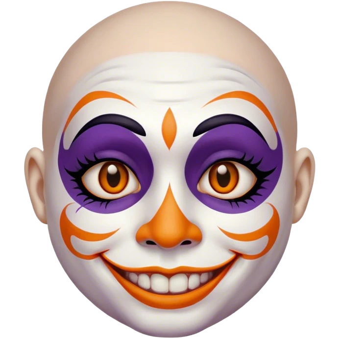 Juggalo smiley face that is Perfectly round and hairless with white skin with realistic human brown colored eyes and elaborate but symmetrical lined face paint that is orange outlined in dark purple emoji